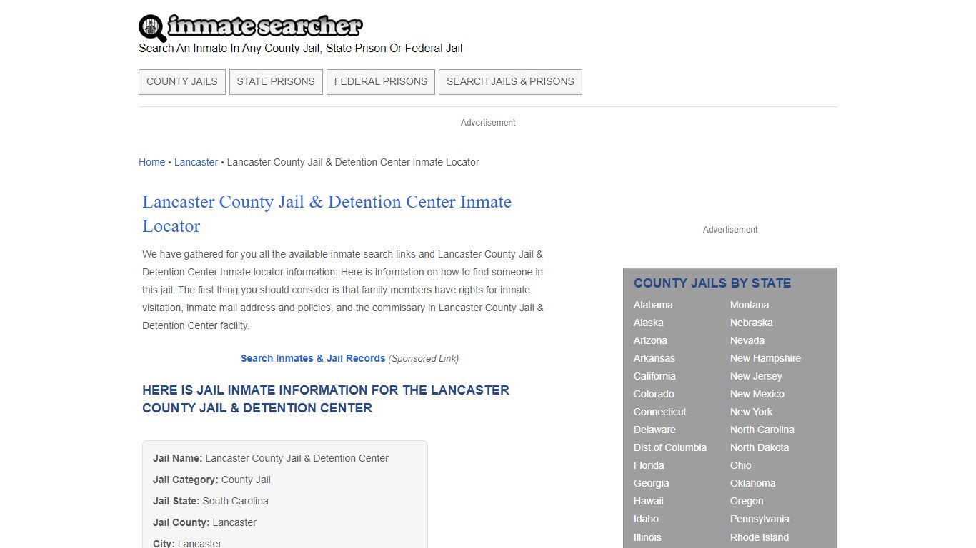 Lancaster County Jail & Detention Center Inmate Locator - Inmate Searcher